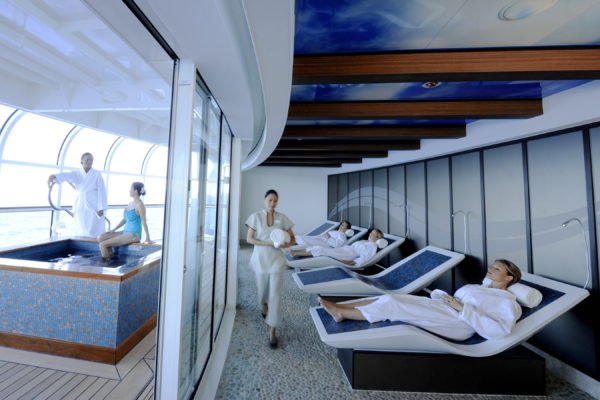 Senses Spa & Salon, an environment that provides relaxation and tranquility to adult guests aboard the Disney Dream, features the Rainforest Room. This serene space offers the benefits of steam, heat and hydrotherapy to help guests completely unwind and indulge by pampering themselves with a variety of tropical, aromatic showers, or by reclining in heated, mosaic tile loungers while observing calming ocean views. (Diana Zalucky, photographer)