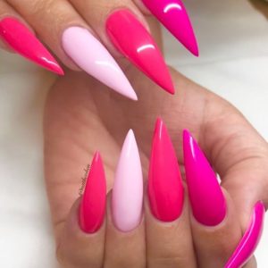 pink valentines day nails, stiletto nails, hot pink