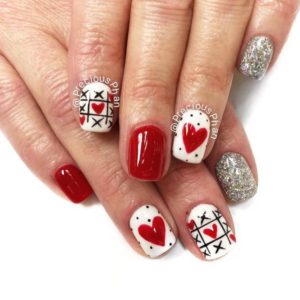 x's and o's love, hearts, valentine's day nails