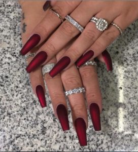 Matte red nails, Coffin shaped nails