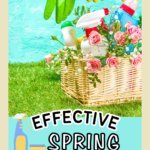 Effective Spring Cleaning Tips. Basket of cleaning supplies in bright colors