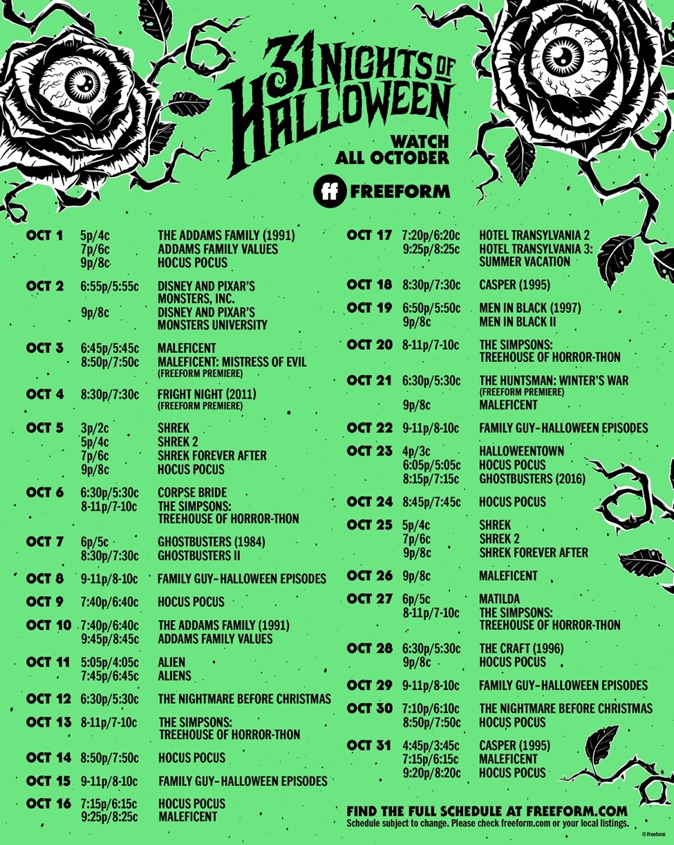 Entertainment Freeform's 31 Nights of Halloween Schedule on candypo.com